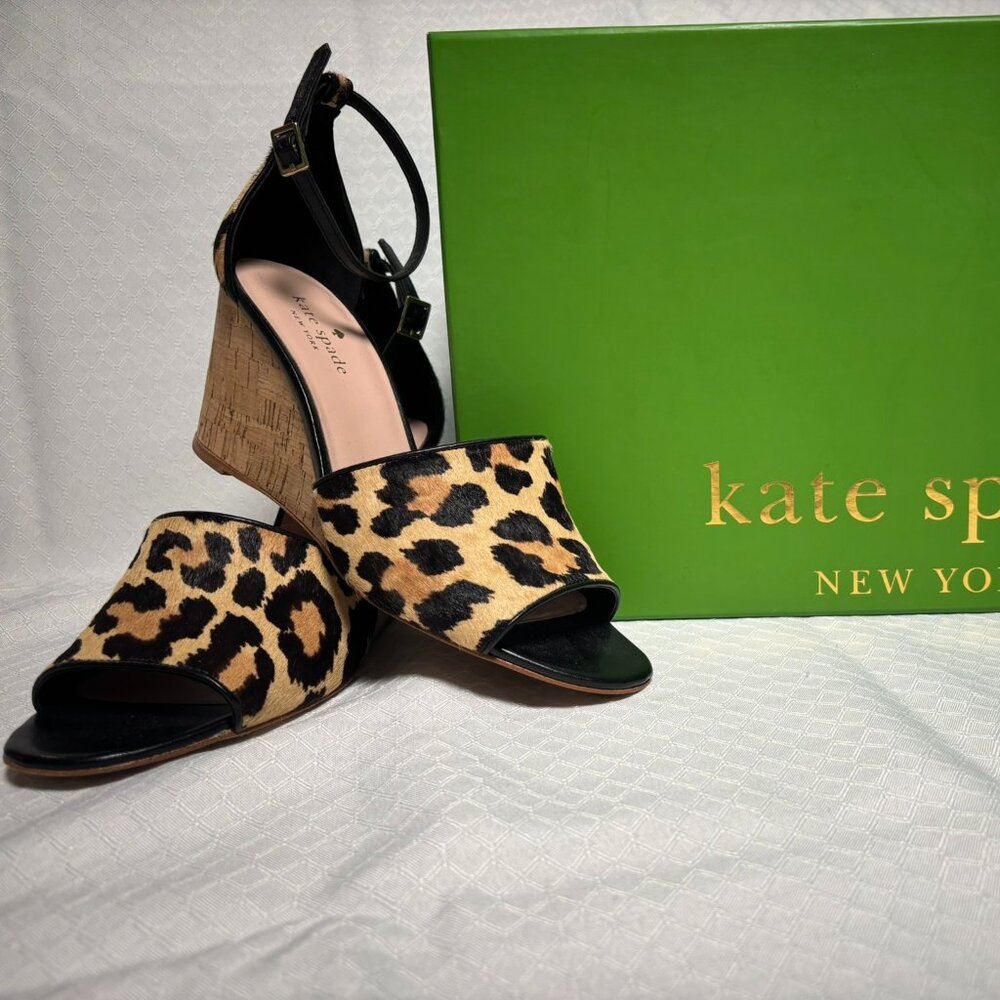 Kate Spade Lonnie leopard printed calf hair wedge sandals sz 8